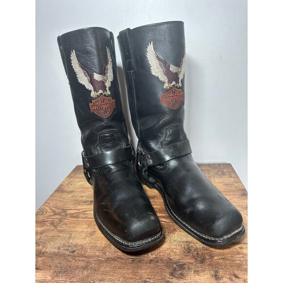 HARLEY-DAVIDSON MOTORCYCLE BOOTS MENS SIZE 10 BLACK LEATHER EAGLE LOGO RIDING - Picture 1 of 16